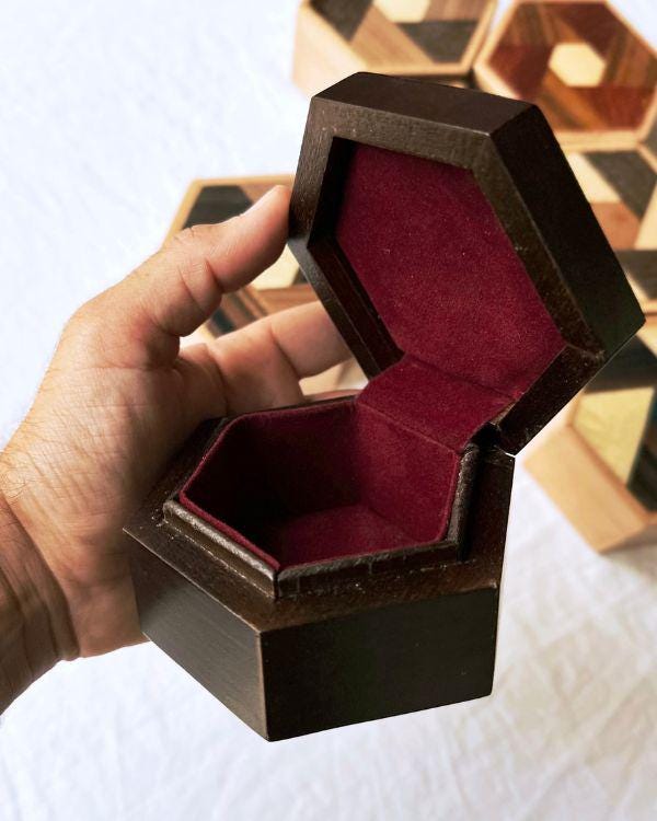 Handmade Wooden Hexagon Box with Velvet Lining – Geometric Marquetry Keepsake, Jewelry or Gift Box