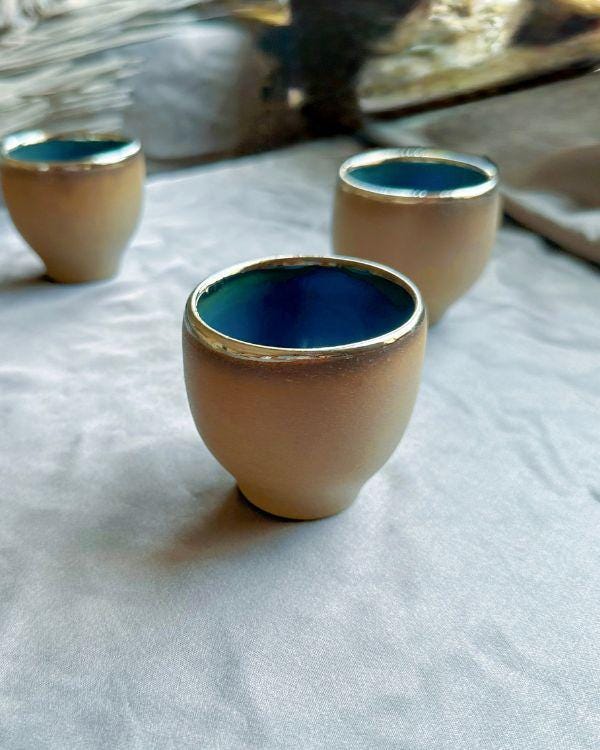 Sandy - Olive Green Espresso Cups | Teal - Turquoise Interior | Gold Rim | For espresso | Cup Set | Handmade in Small Batches