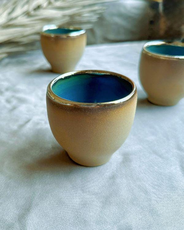 Sandy - Olive Green Espresso Cups | Teal - Turquoise Interior | Gold Rim | For espresso | Cup Set | Handmade in Small Batches