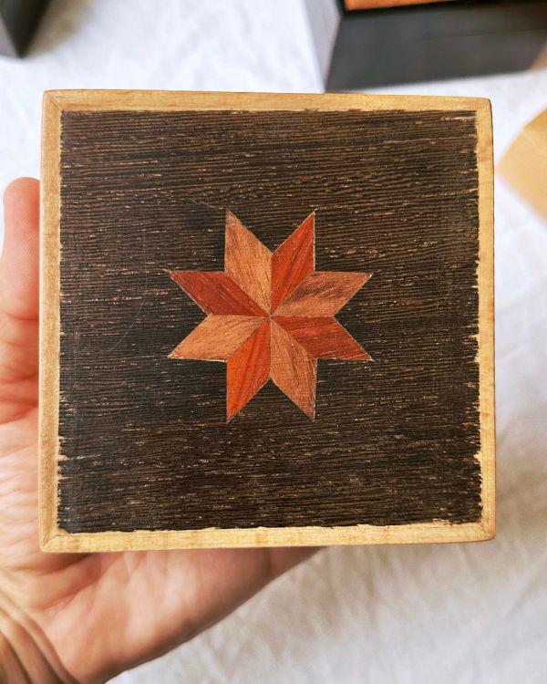 Square Wooden Star Inlay Box with Velvet Lining – Handmade Keepsake Jewelry Box, Marquetry Gift Box