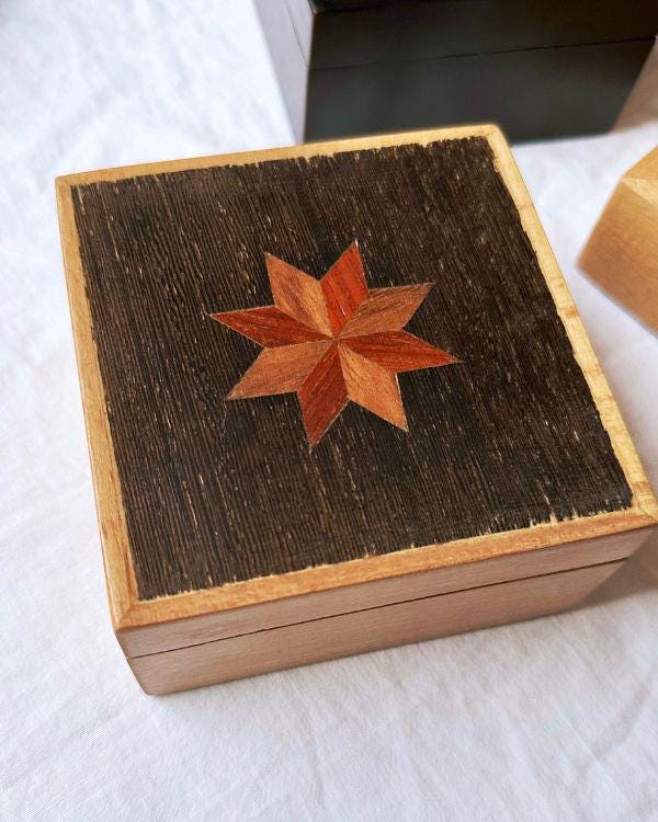 Square Wooden Star Inlay Box with Velvet Lining – Handmade Keepsake Jewelry Box, Marquetry Gift Box