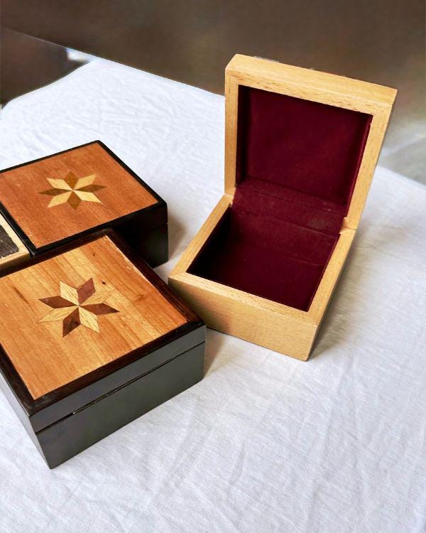 Square Wooden Star Inlay Box with Velvet Lining – Handmade Keepsake Jewelry Box, Marquetry Gift Box