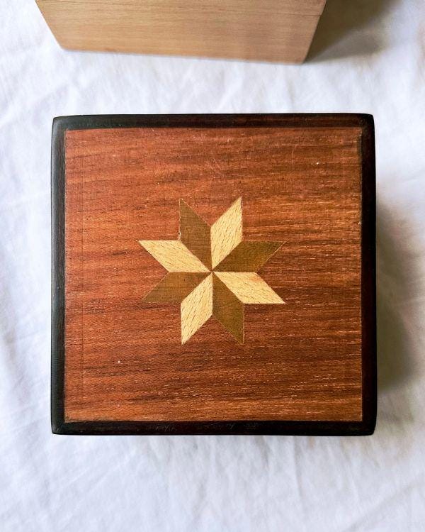 Square Wooden Star Inlay Box with Velvet Lining – Handmade Keepsake Jewelry Box, Marquetry Gift Box