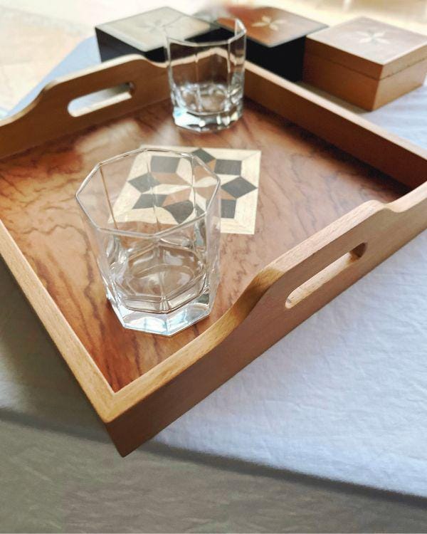 Square Wooden Tray | Natural Wood | Geometric Star Inlay | Table Tray | Boho Rustic Home Decor
