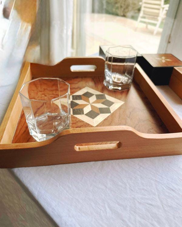 Square Wooden Tray | Natural Wood | Geometric Star Inlay | Table Tray | Boho Rustic Home Decor