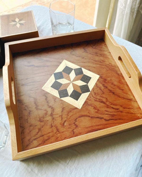 Square Wooden Tray | Natural Wood | Geometric Star Inlay | Table Tray | Boho Rustic Home Decor