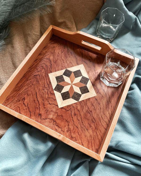 Square Wooden Tray | Natural Wood | Geometric Star Inlay | Table Tray | Boho Rustic Home Decor