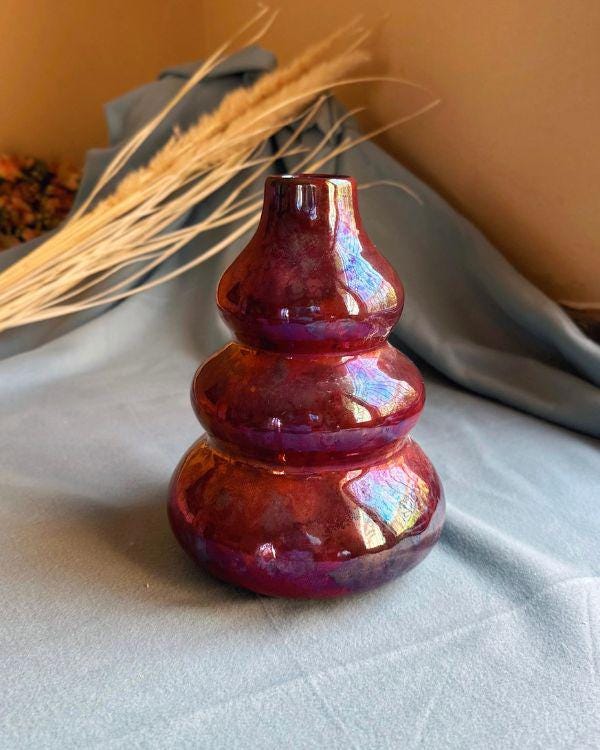 Sculpted Raspberry Vase | Handmade Iridescent Ceramic Vase with Glossy Crimson-Raspberry Glaze