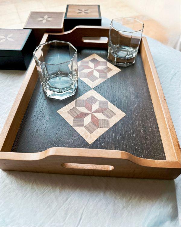 Square Wooden Tray | Natural Wood | Geometric Star Inlay | Table Tray | Boho Rustic Home Decor
