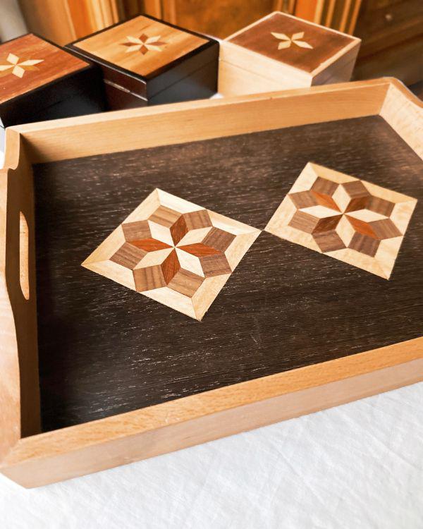 Square Wooden Tray | Natural Wood | Geometric Star Inlay | Table Tray | Boho Rustic Home Decor