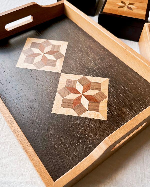Square Wooden Tray | Natural Wood | Geometric Star Inlay | Table Tray | Boho Rustic Home Decor
