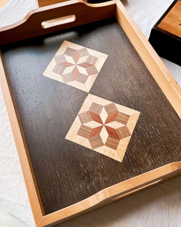 Square Wooden Tray | Natural Wood | Geometric Star Inlay | Table Tray | Boho Rustic Home Decor