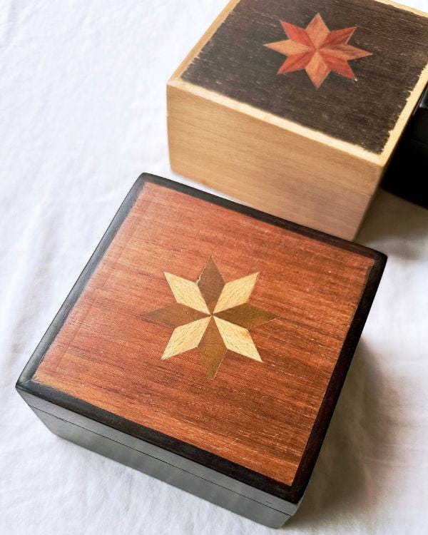 Square Wooden Star Inlay Box with Velvet Lining – Handmade Keepsake Jewelry Box, Marquetry Gift Box