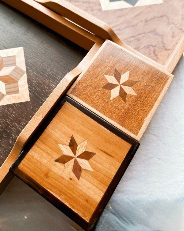Square Wooden Star Inlay Box with Velvet Lining – Handmade Keepsake Jewelry Box, Marquetry Gift Box
