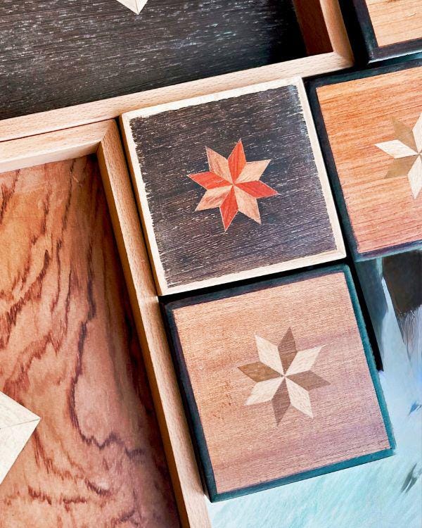 Square Wooden Star Inlay Box with Velvet Lining – Handmade Keepsake Jewelry Box, Marquetry Gift Box