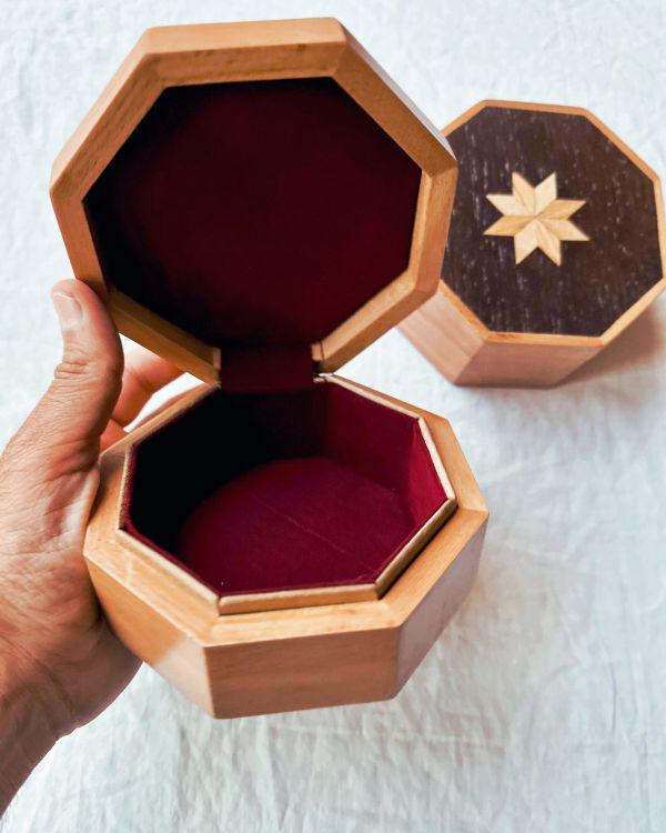 Medium Wooden Hexagon Box with Velvet Lining – Geometric Marquetry Keepsake, Jewelry or Gift Box