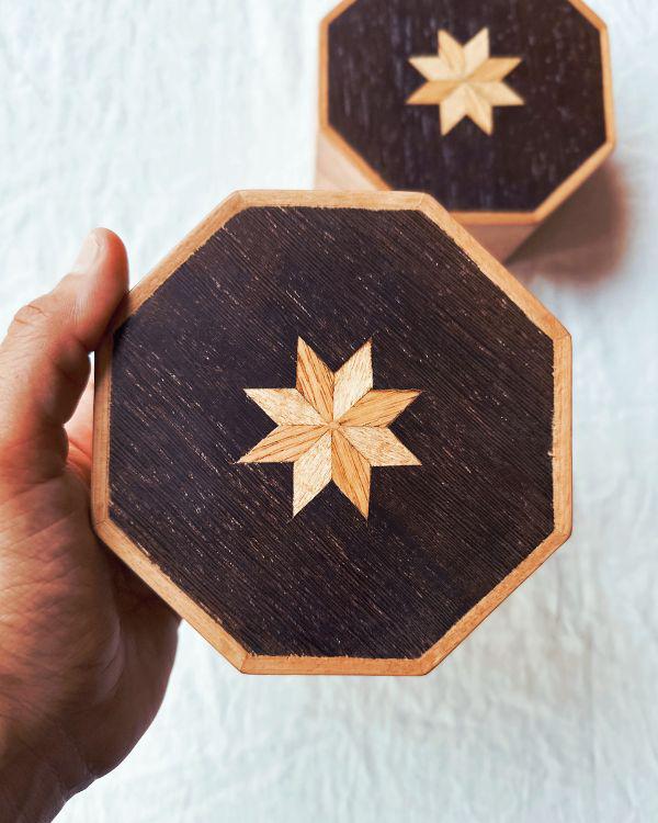 Medium Wooden Hexagon Box with Velvet Lining – Geometric Marquetry Keepsake, Jewelry or Gift Box