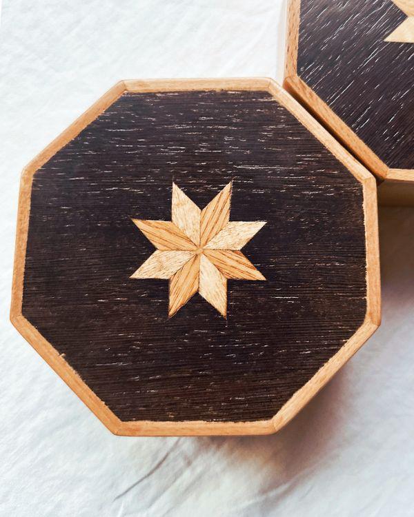 Medium Wooden Hexagon Box with Velvet Lining – Geometric Marquetry Keepsake, Jewelry or Gift Box