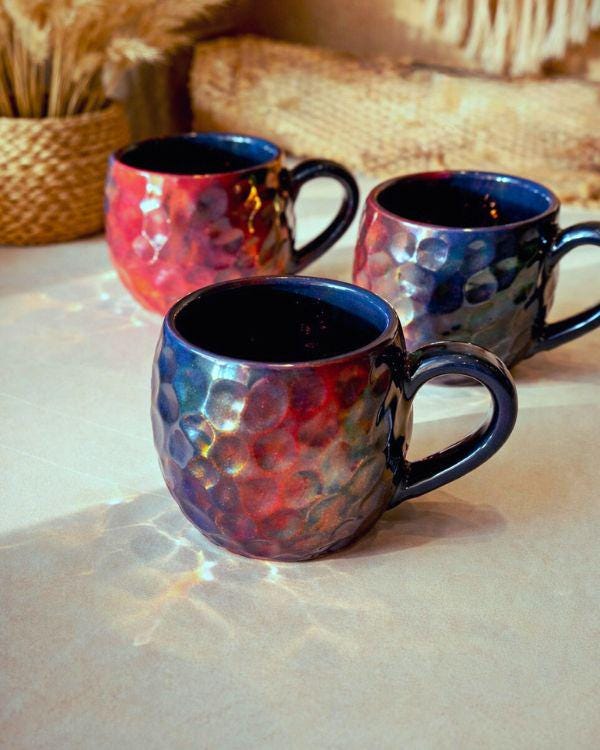 Blue & Red Iridescent Mug | Crystal Rock Design | Shimmering Metallic Glaze | Coffee, Tea, Latte, Cappuccino