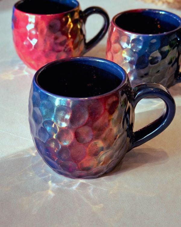 Blue & Red Iridescent Mug | Crystal Rock Design | Shimmering Metallic Glaze | Coffee, Tea, Latte, Cappuccino