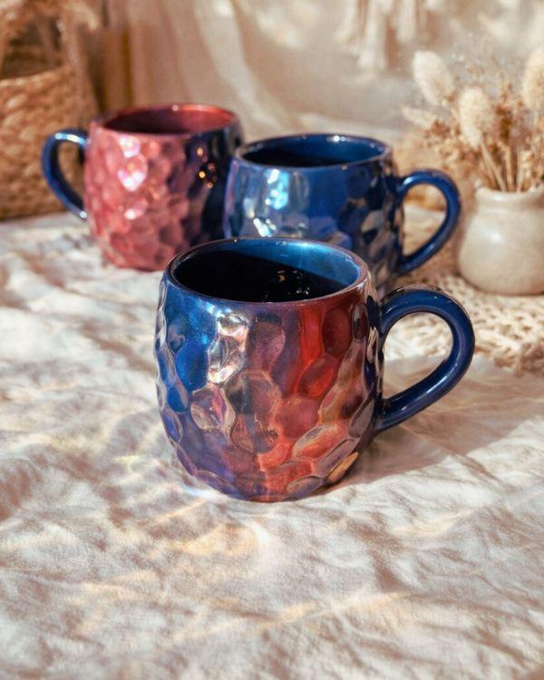 Blue & Red Iridescent Mug | Crystal Rock Design | Shimmering Metallic Glaze | Coffee, Tea, Latte, Cappuccino
