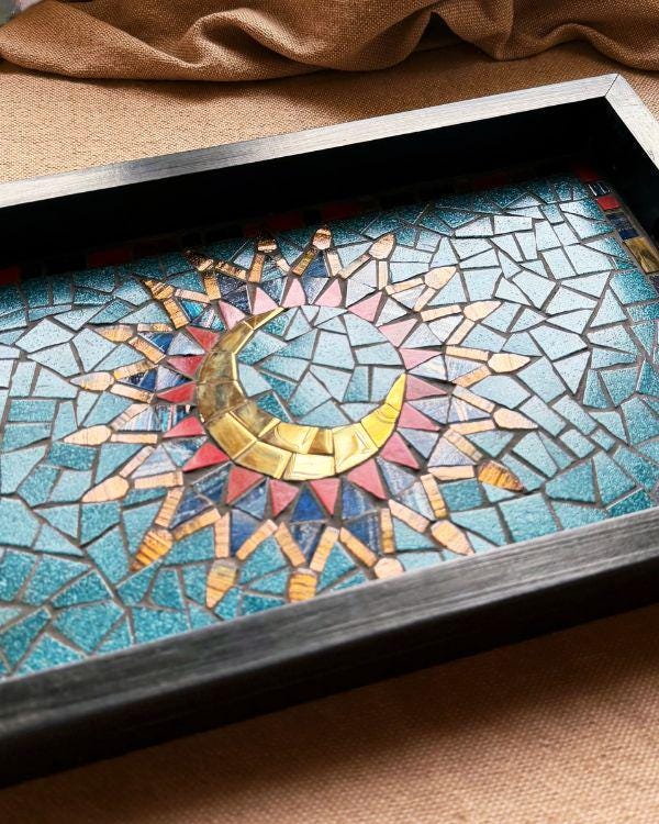 Arabian Crescent Mosaic Serving Tray | Handmade Middle Eastern Decorative Wooden Tray- Ramadan Home Decor - Teal & Gold Art
