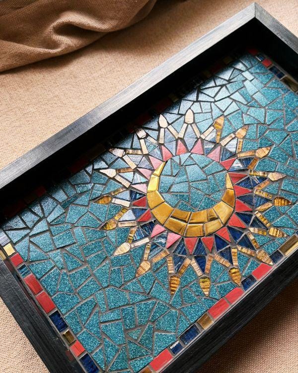 Arabian Crescent Mosaic Serving Tray | Handmade Middle Eastern Decorative Wooden Tray- Ramadan Home Decor - Teal & Gold Art