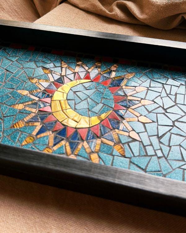 Arabian Crescent Mosaic Serving Tray | Handmade Middle Eastern Decorative Wooden Tray- Ramadan Home Decor - Teal & Gold Art