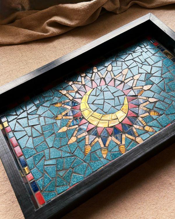 Arabian Crescent Mosaic Serving Tray | Handmade Middle Eastern Decorative Wooden Tray- Ramadan Home Decor - Teal & Gold Art