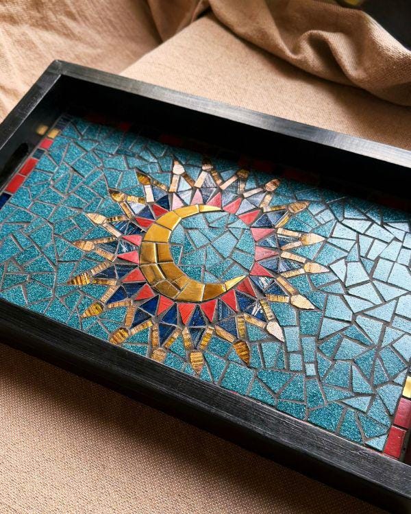 Arabian Crescent Mosaic Serving Tray | Handmade Middle Eastern Decorative Wooden Tray- Ramadan Home Decor - Teal & Gold Art