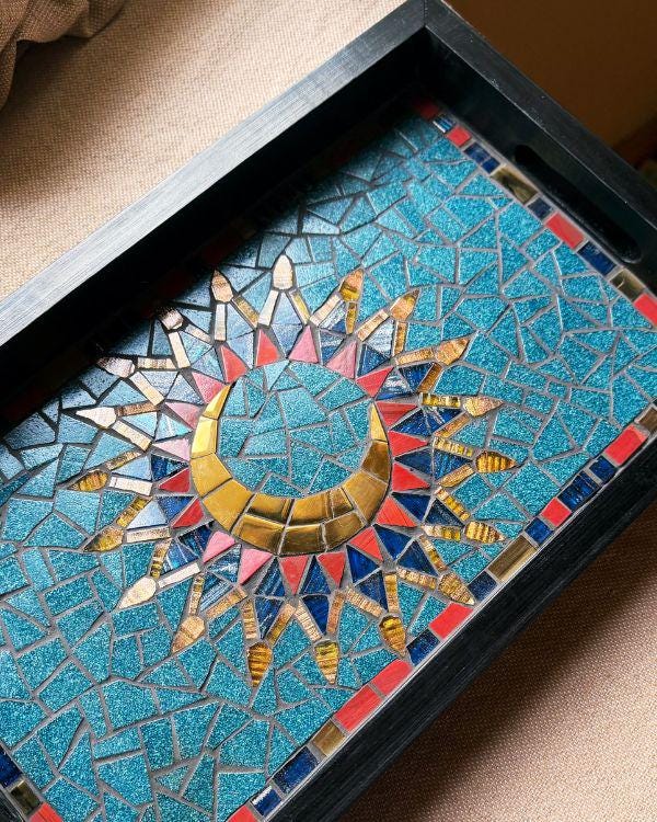Arabian Crescent Mosaic Serving Tray | Handmade Middle Eastern Decorative Wooden Tray- Ramadan Home Decor - Teal & Gold Art