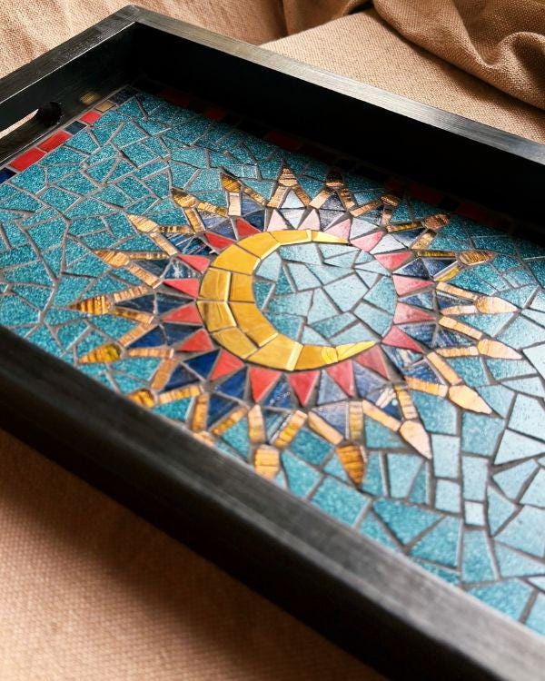 Arabian Crescent Mosaic Serving Tray | Handmade Middle Eastern Decorative Wooden Tray- Ramadan Home Decor - Teal & Gold Art