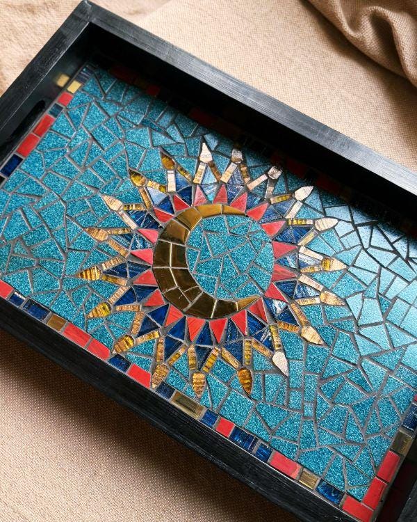 Arabian Crescent Mosaic Serving Tray | Handmade Middle Eastern Decorative Wooden Tray- Ramadan Home Decor - Teal & Gold Art