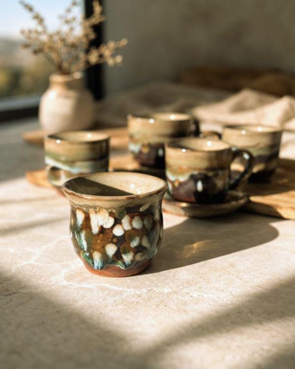 Olive Green & Brown Espresso Cup | Earthy Palette | Artisan Made | Earthenware Ceramics