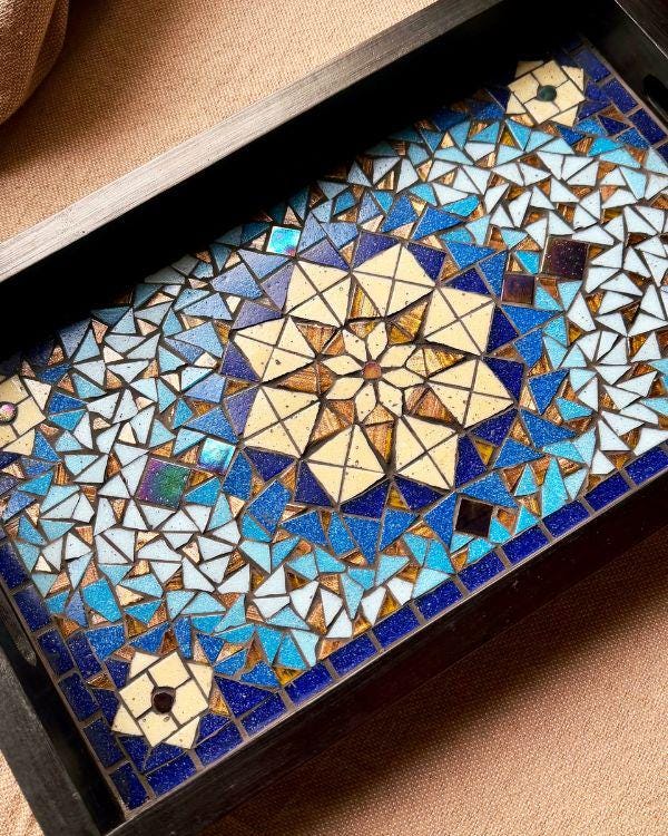 Mosaic Serving Tray | Andalusian/Arabian Handmade Middle Eastern Decorative Wooden Tray- Ramadan Home Decor - Blue & Bronze Art
