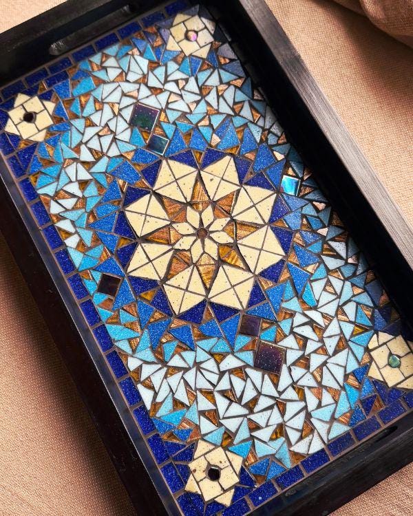 Mosaic Serving Tray | Andalusian/Arabian Handmade Middle Eastern Decorative Wooden Tray- Ramadan Home Decor - Blue & Bronze Art