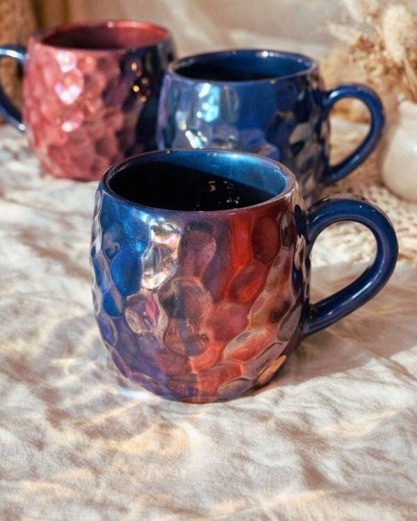 Blue & Red Iridescent Mug | Crystal Rock Design | Shimmering Metallic Glaze | Coffee, Tea, Latte, Cappuccino
