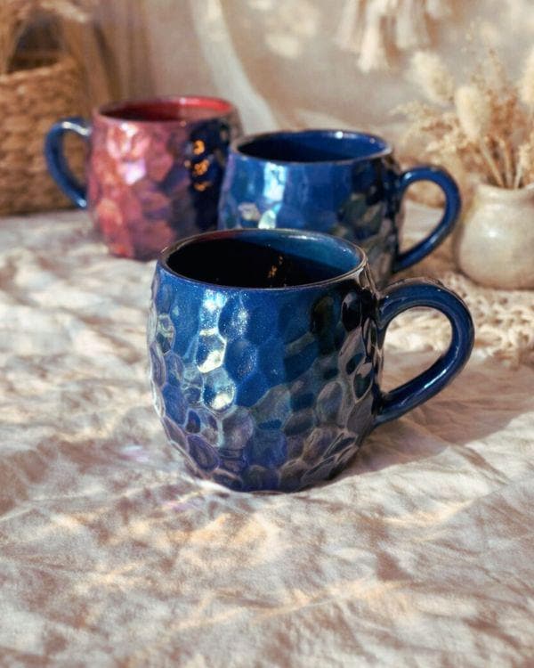 Blue & Red Iridescent Mug | Crystal Rock Design | Shimmering Metallic Glaze | Coffee, Tea, Latte, Cappuccino
