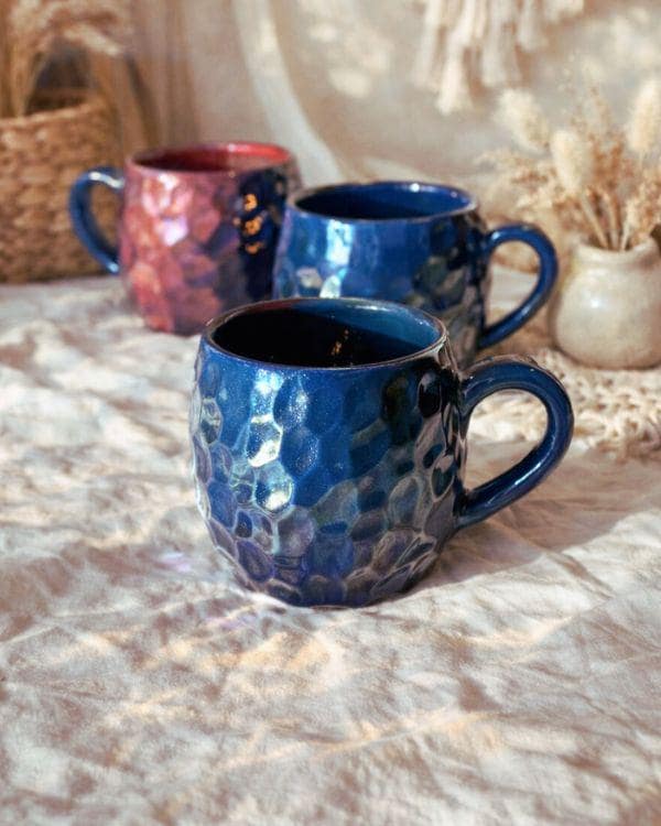 Blue & Red Iridescent Mug | Crystal Rock Design | Shimmering Metallic Glaze | Coffee, Tea, Latte, Cappuccino