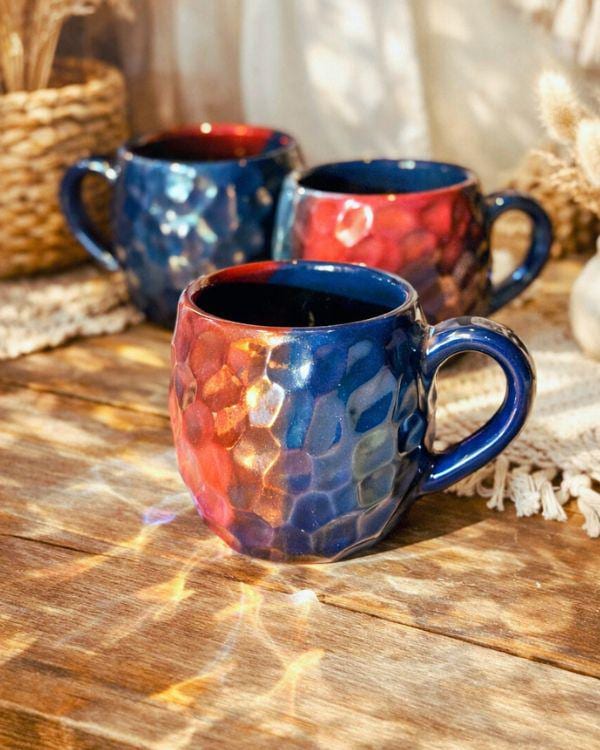 Blue & Red Iridescent Mug | Crystal Rock Design | Shimmering Metallic Glaze | Coffee, Tea, Latte, Cappuccino