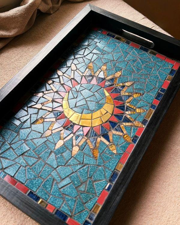 Arabian Crescent Mosaic Serving Tray | Handmade Middle Eastern Decorative Wooden Tray- Ramadan Home Decor - Teal & Gold Art