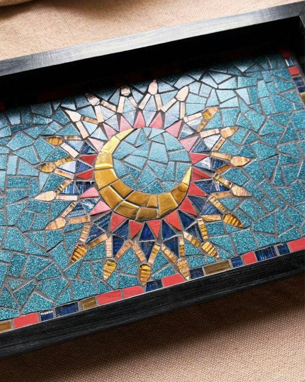 Arabian Crescent Mosaic Serving Tray | Handmade Middle Eastern Decorative Wooden Tray- Ramadan Home Decor - Teal & Gold Art