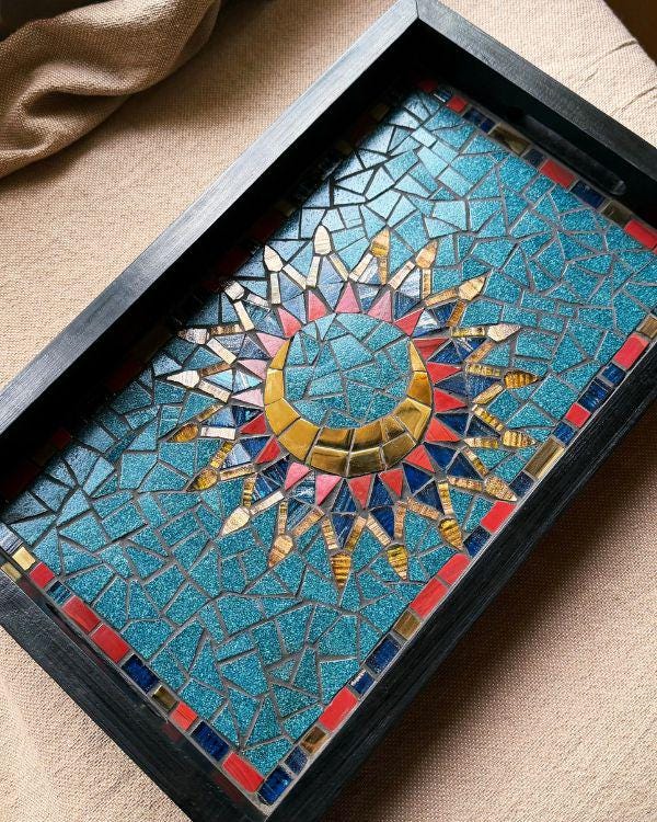 Arabian Crescent Mosaic Serving Tray | Handmade Middle Eastern Decorative Wooden Tray- Ramadan Home Decor - Teal & Gold Art