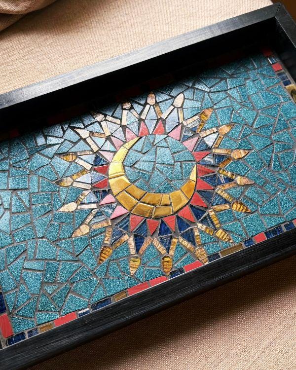 Arabian Crescent Mosaic Serving Tray | Handmade Middle Eastern Decorative Wooden Tray- Ramadan Home Decor - Teal & Gold Art