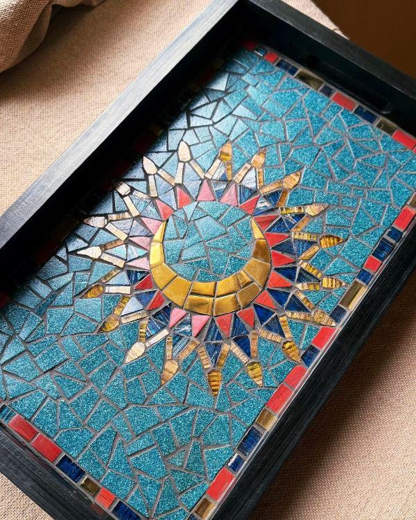 Arabian Crescent Mosaic Serving Tray | Handmade Middle Eastern Decorative Wooden Tray- Ramadan Home Decor - Teal & Gold Art