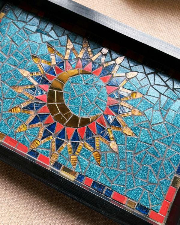 Arabian Crescent Mosaic Serving Tray | Handmade Middle Eastern Decorative Wooden Tray- Ramadan Home Decor - Teal & Gold Art