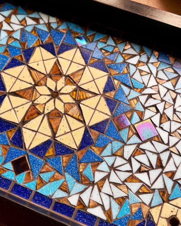 Mosaic Serving Tray | Andalusian/Arabian Handmade Middle Eastern Decorative Wooden Tray- Ramadan Home Decor - Blue & Bronze Art