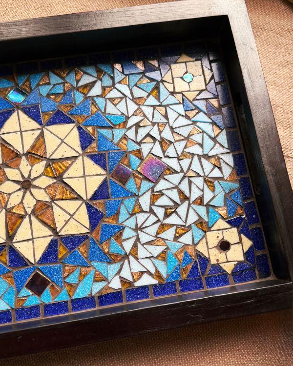 Mosaic Serving Tray | Andalusian/Arabian Handmade Middle Eastern Decorative Wooden Tray- Ramadan Home Decor - Blue & Bronze Art