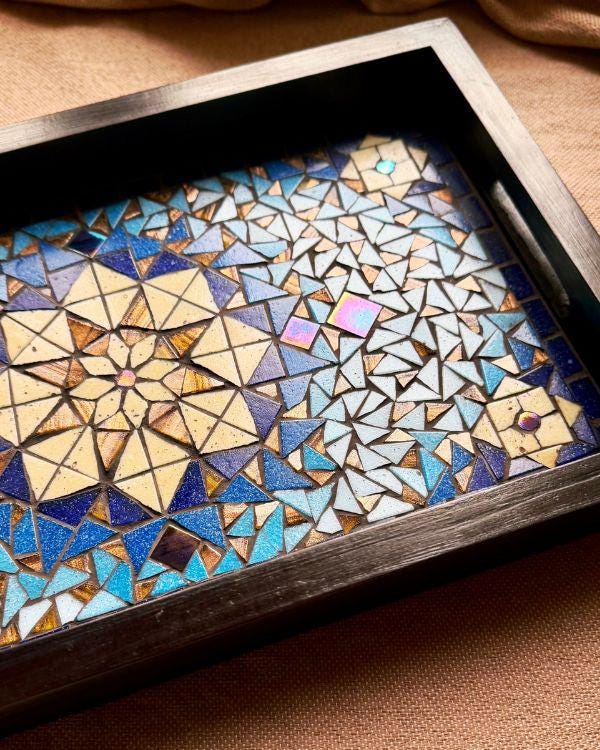 Mosaic Serving Tray | Andalusian/Arabian Handmade Middle Eastern Decorative Wooden Tray- Ramadan Home Decor - Blue & Bronze Art
