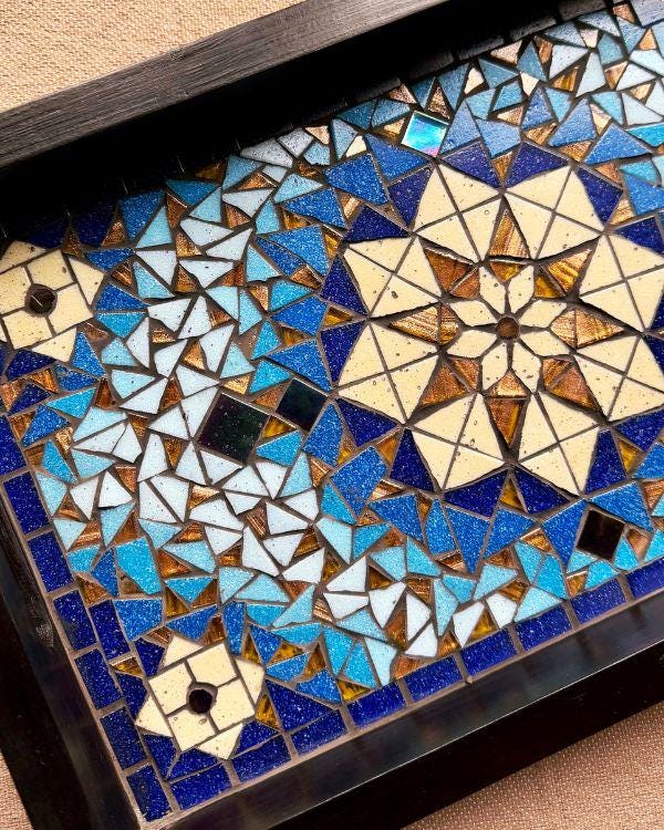Mosaic Serving Tray | Andalusian/Arabian Handmade Middle Eastern Decorative Wooden Tray- Ramadan Home Decor - Blue & Bronze Art